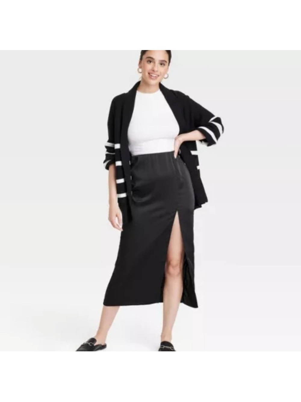 A New Day Black Satin Maxi Skirt with Slit - Picture 1 of 7